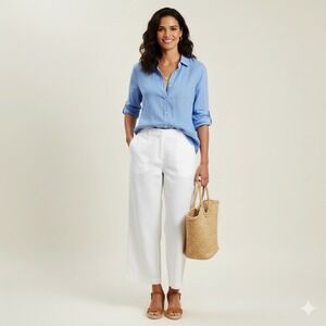 Orvis Classic Collection Womens‎ XL Blue Linen Rayon Button Down Roll-Tab Shirt